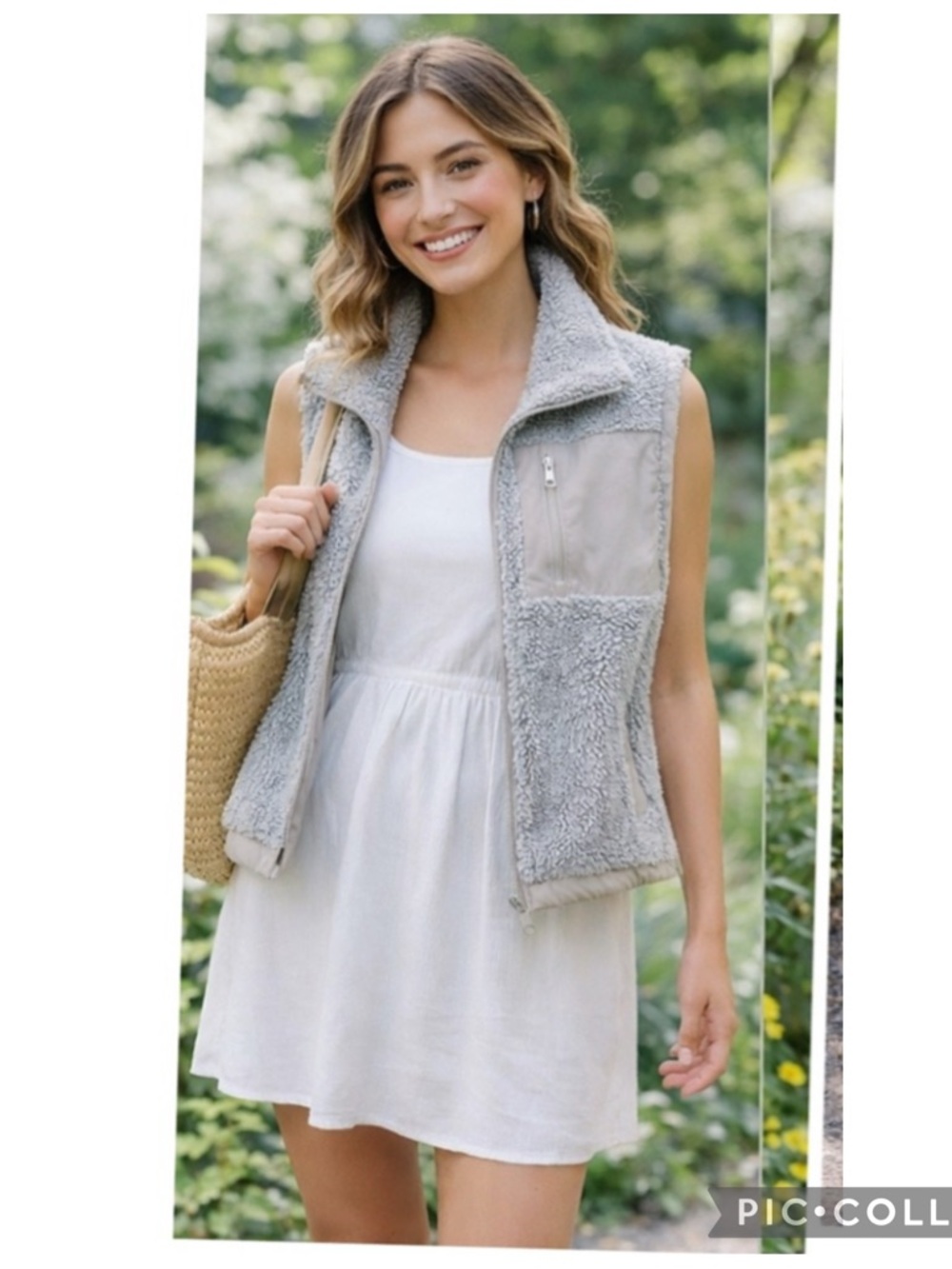 Abercrombie Sherpa Vest Gray Faux Leather Trim Cozy Zip Vest L